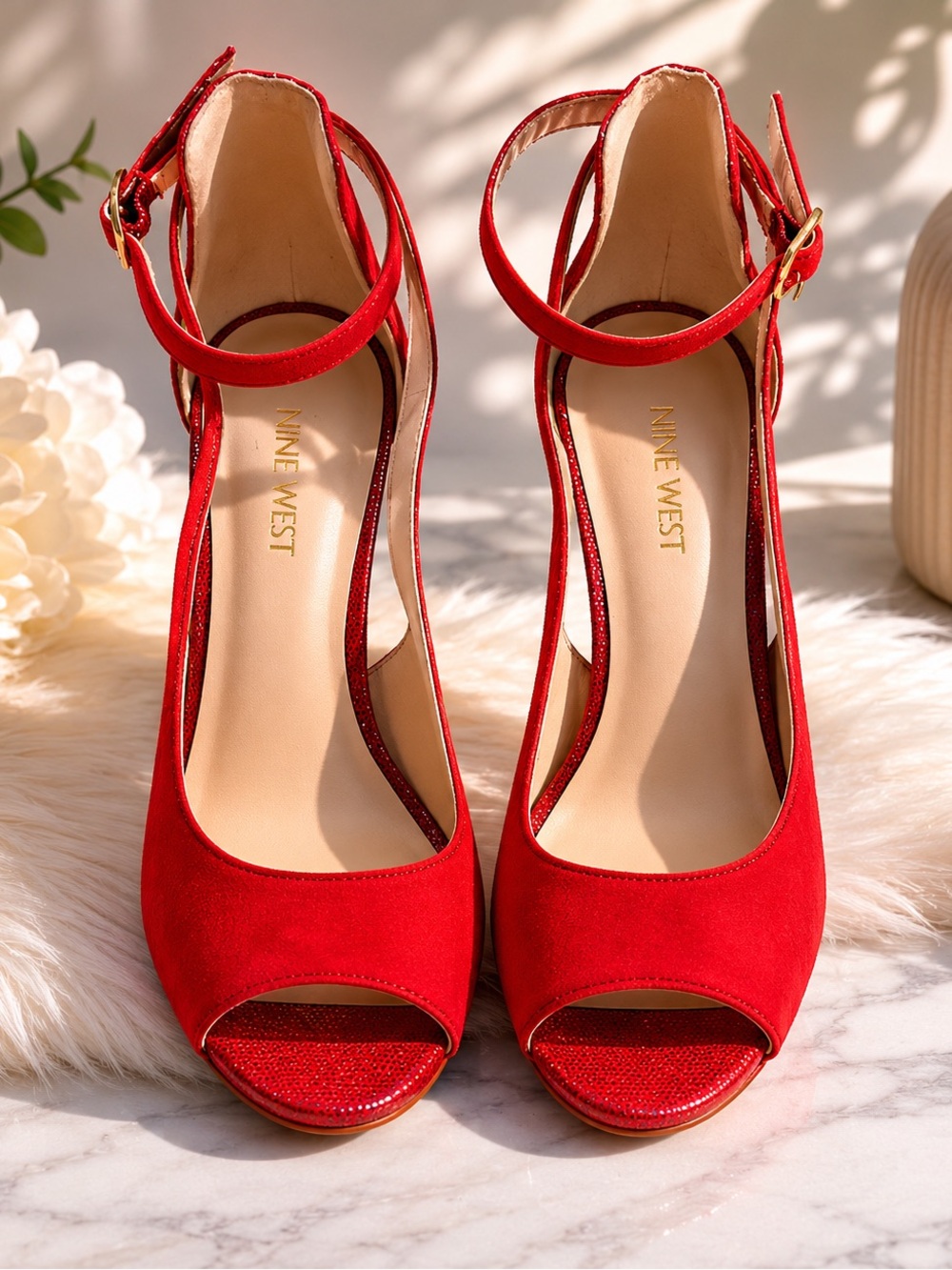 Nine West Red Suede Open-Toe Ankle-Strap Heels